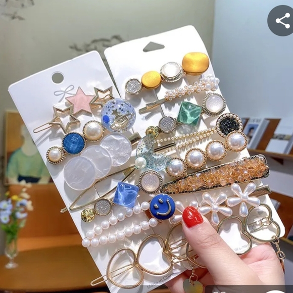 7 Barrette Set Hearts Stars Smiley Face Hair Clips Blue - Picture 8 of 10